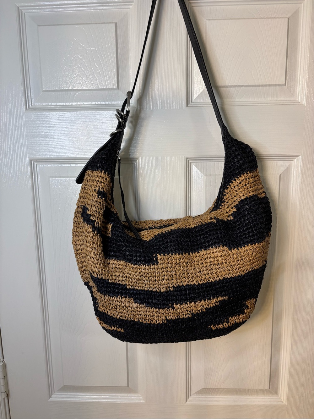 Free People Santorini Straw Tote Bag Black Tan Raffia Leather Hobo - Picture 2 of 9